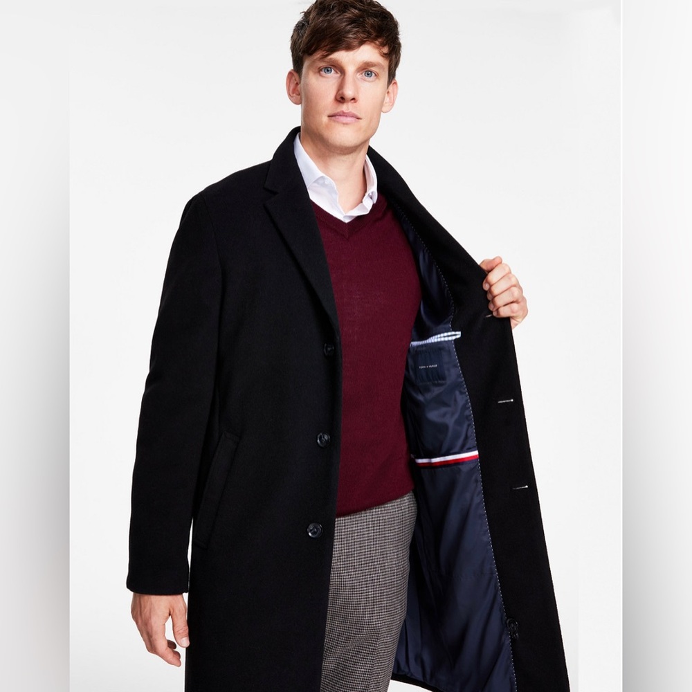 Tommy Hilfiger Men Addison Wool-Blend Trim Fit Overcoat Coat 46R Black - Picture 3 of 14